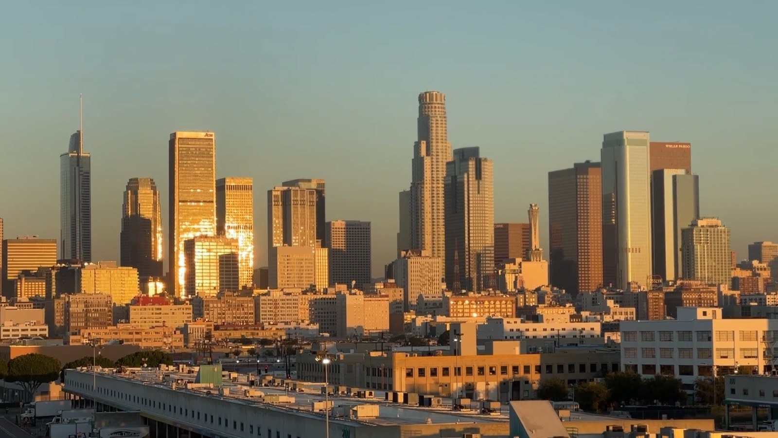 The Downtown Los Angeles skyline at sunrise