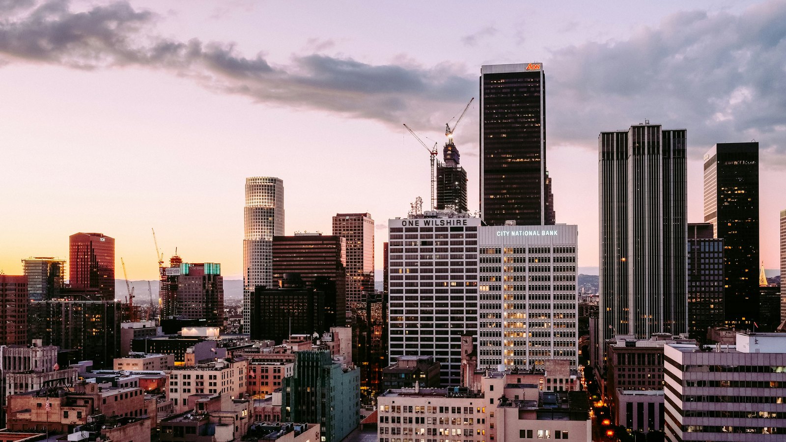 The Downtown Los Angeles skyline at sunrise